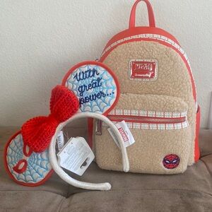 Disney Parks Spiderman faux fur Loungefly mini backpack with headband Bundle